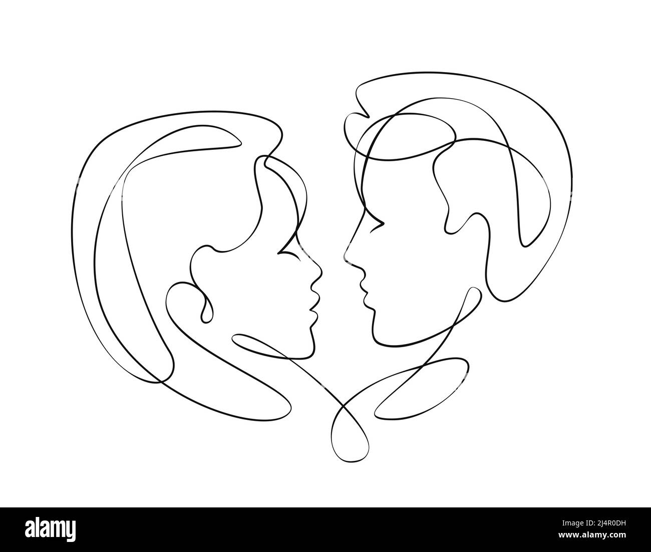 Amour, dessin continu d'une ligne. Couple amoureux abstrait embrassant. Fait face aux hommes et aux femmes. Concept de minimalisme de l'illustration vectorielle Illustration de Vecteur