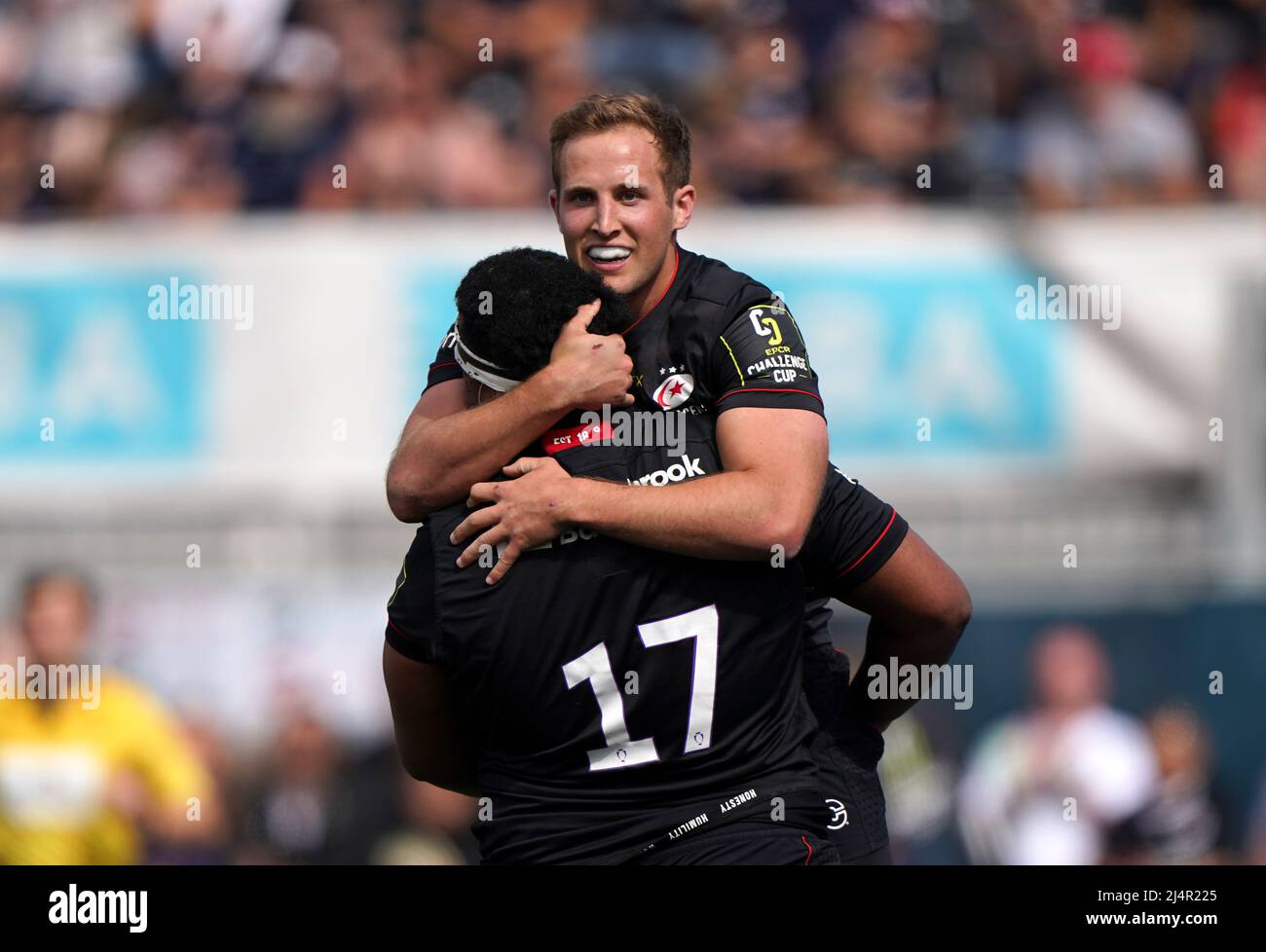 Max Malins de Saracens célèbre la cinquième tentative de leur partie lors du match de la coupe du défi EPCR 16 au stade StoneX, à Londres. Date de la photo: Dimanche 17 avril 2022. Banque D'Images