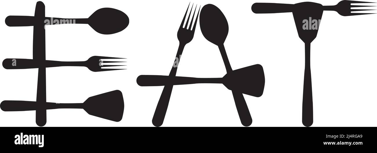 EAT, vecteur. Mot Eat écrit avec des silhouettes de fourchette et de cuillère isolées sur fond blanc. Design noir et blanc. Décalcomanies murales Illustration de Vecteur