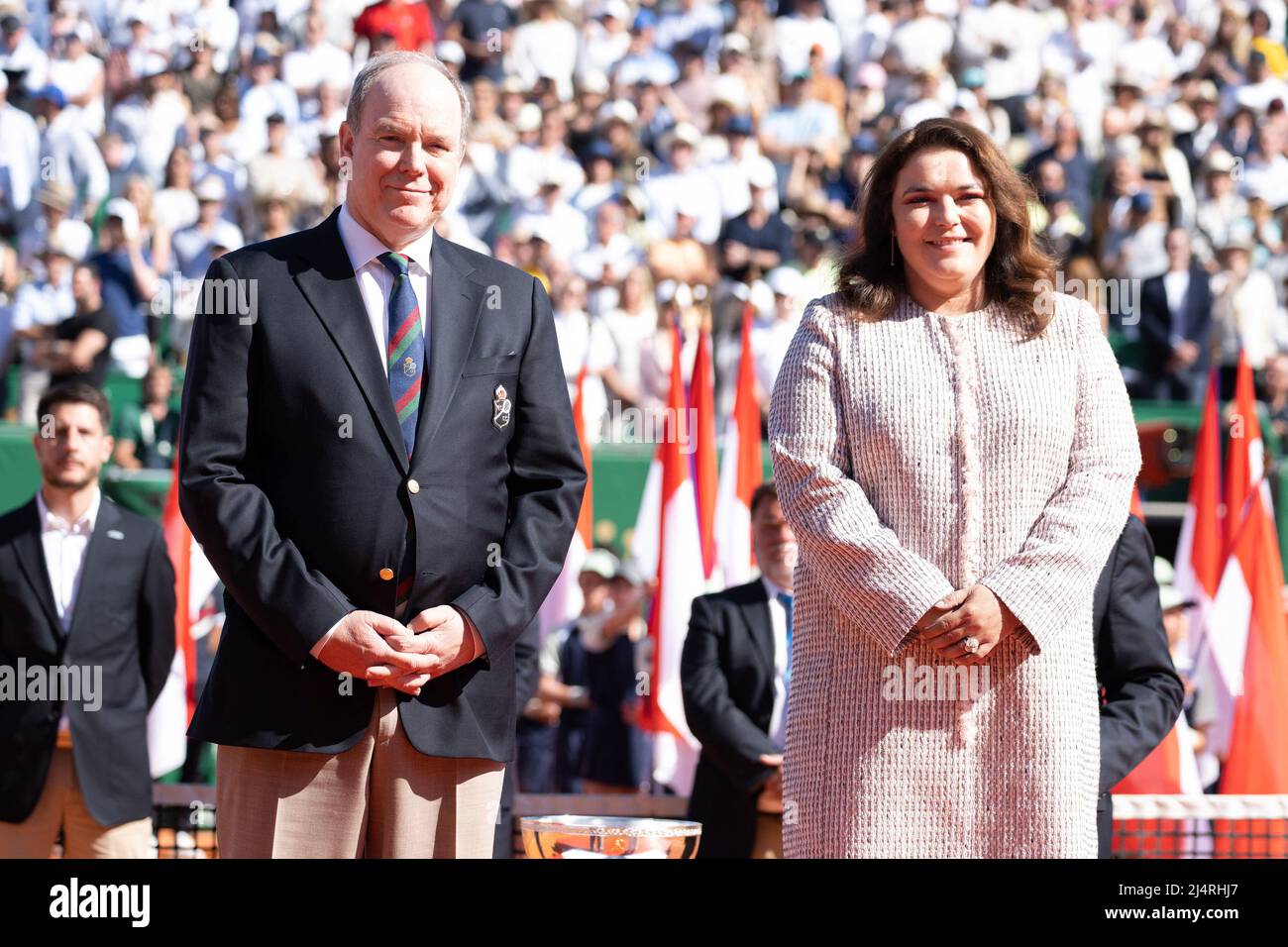 Le Prince Albert II de Monaco et Melanie-Antoinette Costello de Massy,  présidente de la Fédération monégasque de tennis, assistent à la finale des  singles hommes lors du Monaco Rolex Masters à Monte