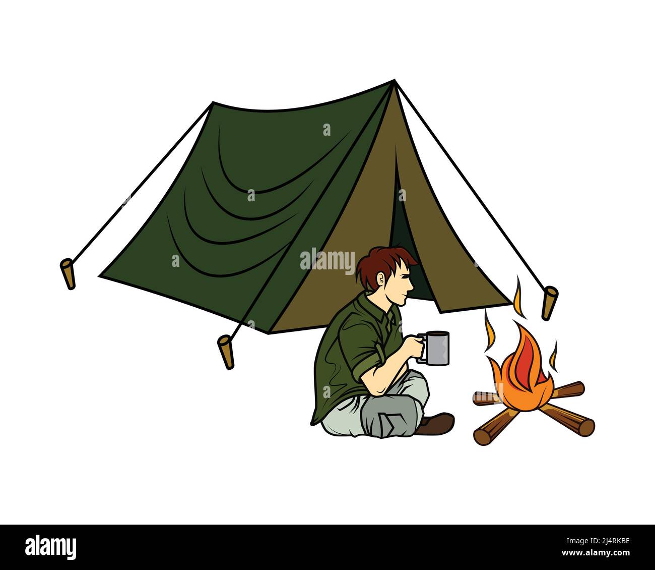 Un homme assis devant un feu de camp tout en tenant son Mug Vector Illustration de Vecteur