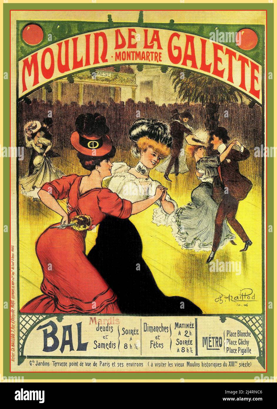 Vintage French Paris MOULIN DE LA GALETTE Montmartre 1906 affiche des couples dansants dans l'après-midi et aussi le soir. Entrée Soiree Paris France Banque D'Images