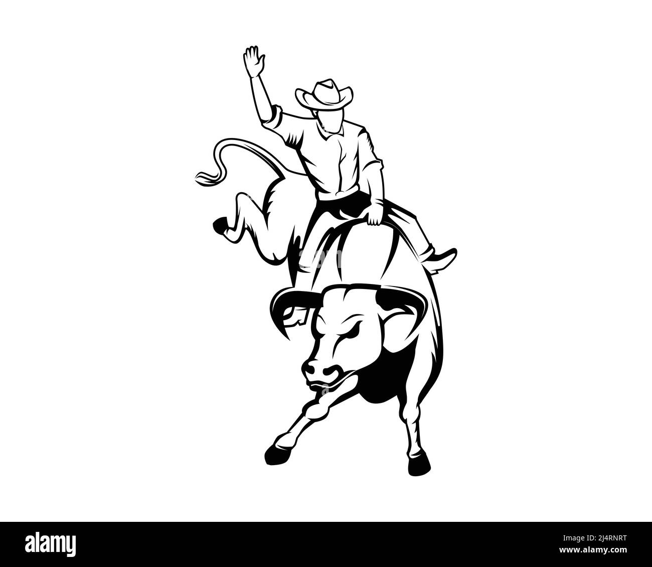 Rodeo ou Cowboy à cheval sur une illustration de taureau sauvage et furieux avec Silhouette style Vector Illustration de Vecteur