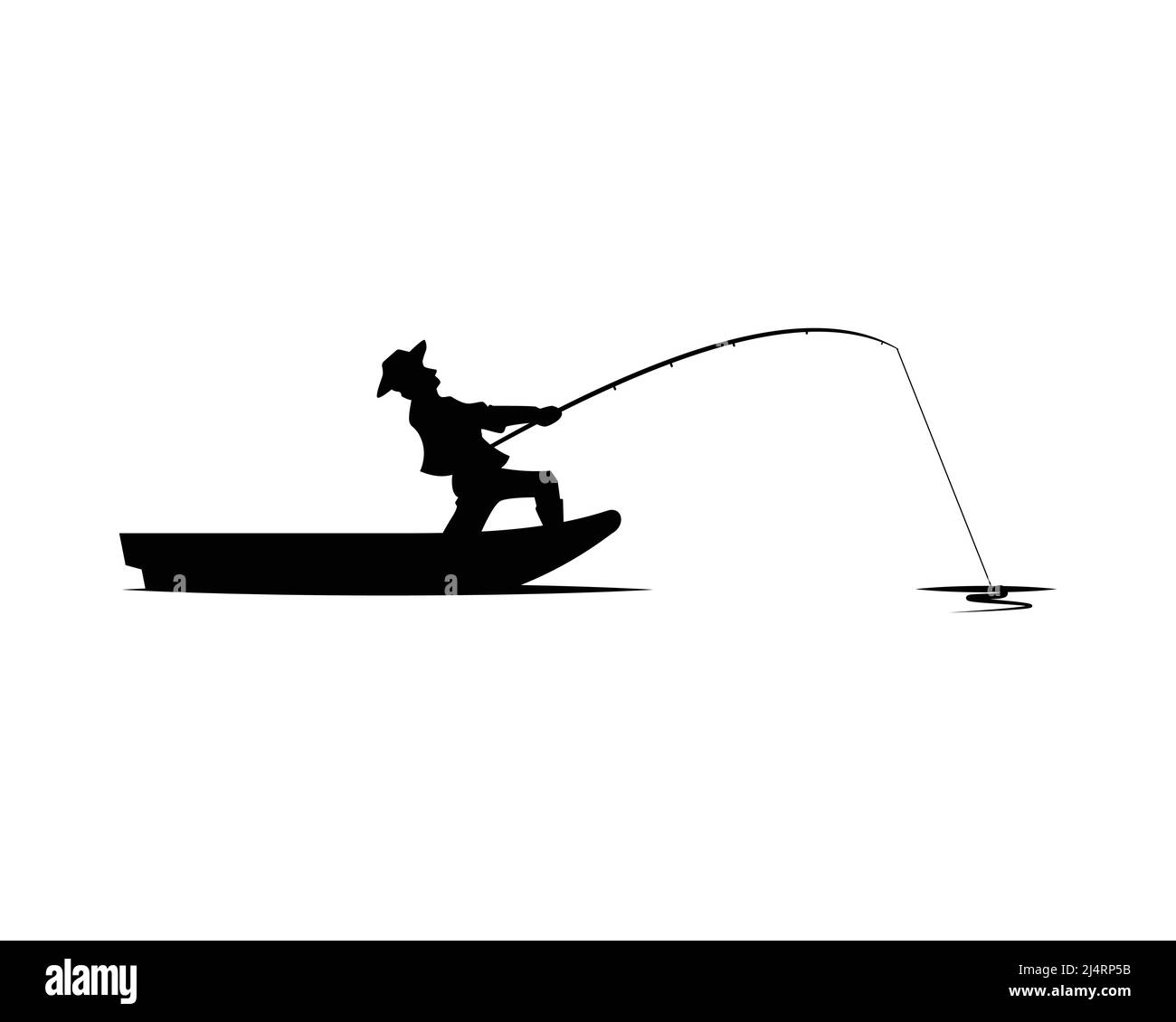 Pêcheur sur le bateau avec l'illustration de grève avec le vecteur de style Silhouette Illustration de Vecteur