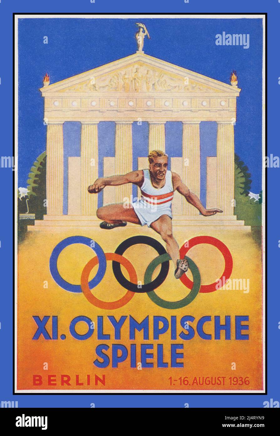 Carte d'affichage des Jeux Olympiques de l'Allemagne nazie de 1936, avec un homme blond aryan sautant au-dessus des symboles olympiques Berlin Allemagne nazie du 1st au 16th août 1936 X1. OLYMPICHE SPIELE Berlin Allemagne Banque D'Images
