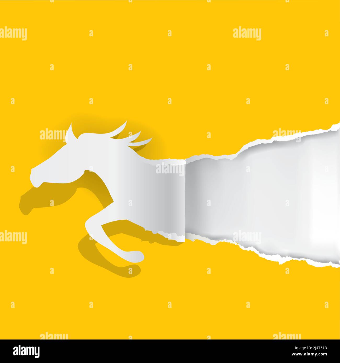 Papier déchirant le papier cheval, modèle de bannière. Illustration stylisée d'un cheval jumpant déchirant un arrière-plan en papier jaune. Place pour votre texte ou image. Illustration de Vecteur