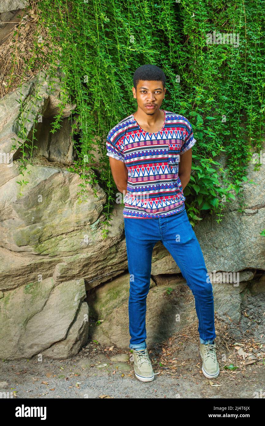Homme afro-américain se détendant dans le parc de New York. Portant une  chemise à motif coloré, un Jean bleu, des baskets, un collier, un jeune  homme beau est assis o Photo Stock -