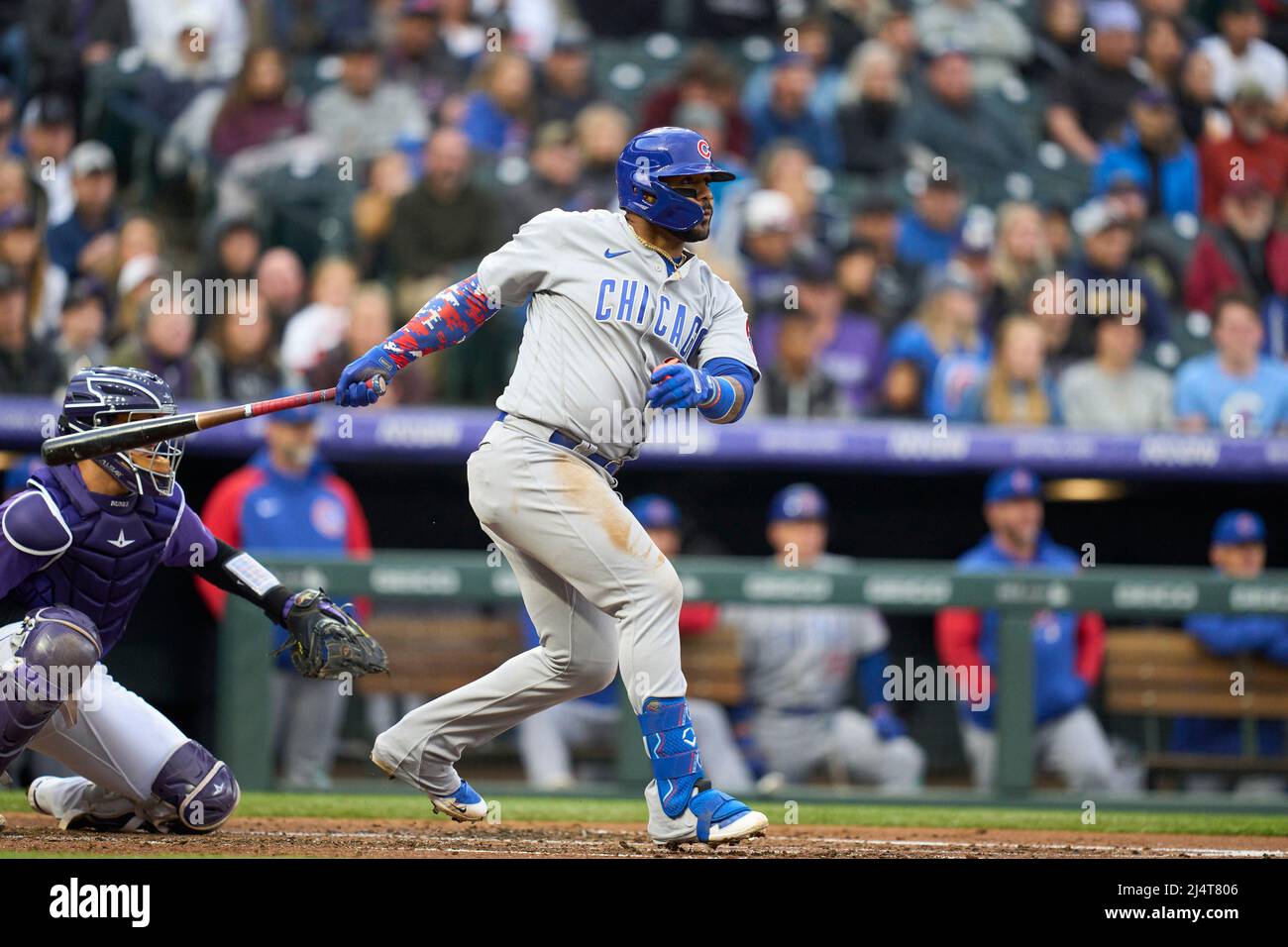 16 2022 avril : Johnathan Villar, deuxième basteur de Chicago (24), a fait un succès au cours du match avec les Chicago Cubs et les Colorado Rockies qui ont eu lieu à Coors Field à Denver Co. David Seelig/Cal Sport Medi (image de crédit : Banque D'Images