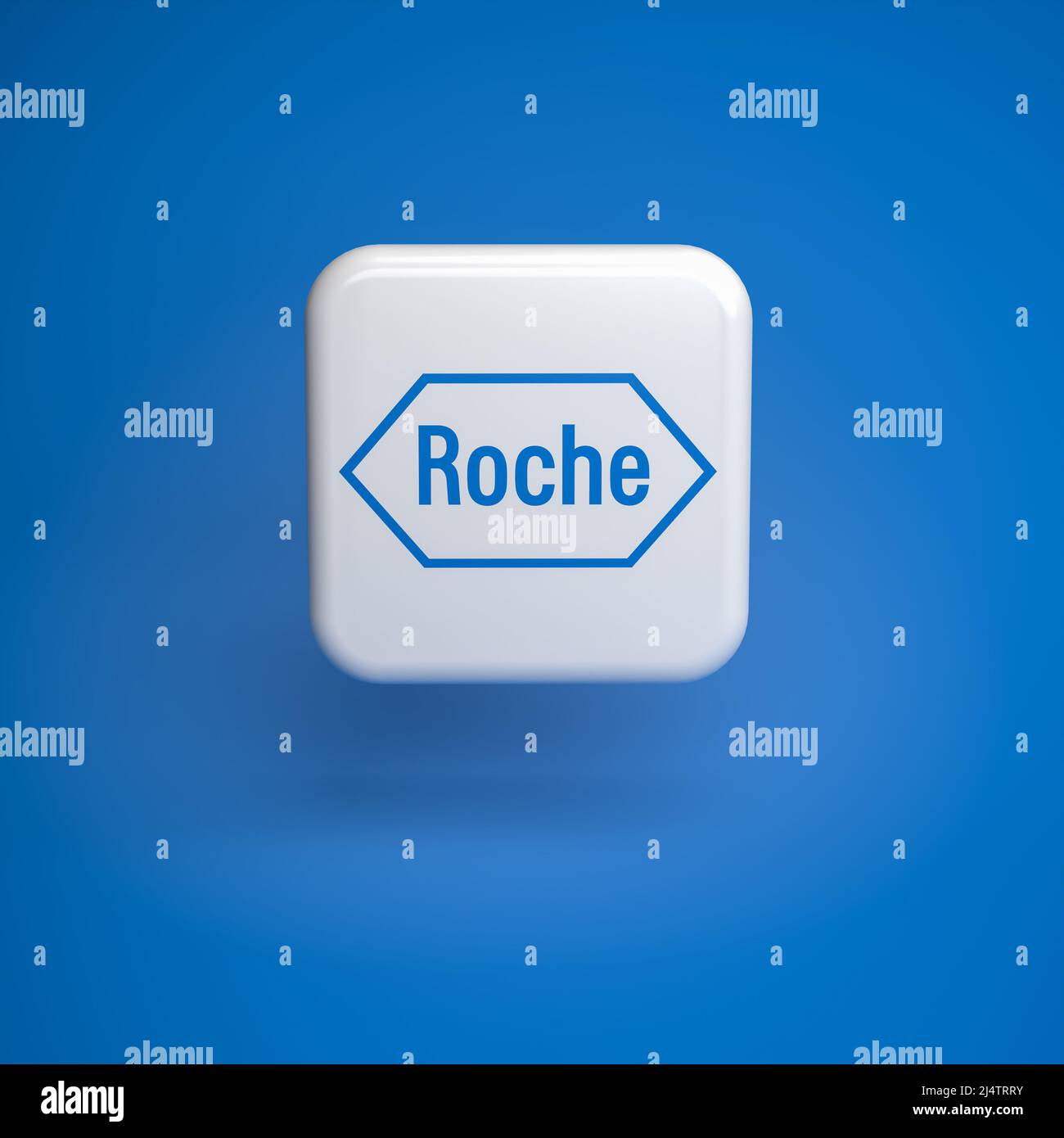 Logo de la Swiss Healthcare Company Roche survolant un fond bleu transparent Banque D'Images