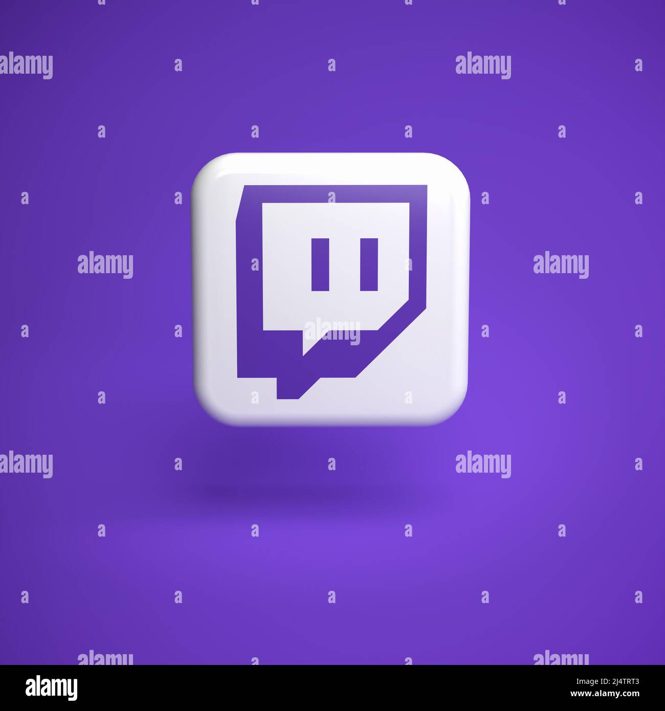 Logo de la société de services de streaming vidéo en direct et de la plate-forme Twitch (filiale d'Amazon) survolant un arrière-plan transparent Banque D'Images