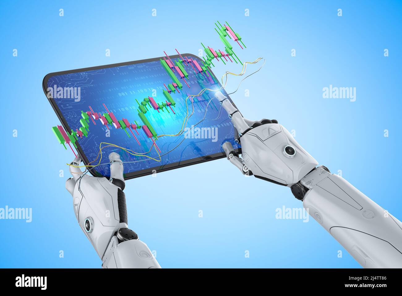 Concept de robot de trading avec 3D rendu ai robot avec affichage numérique de tablette graphique de bâton de bougie Banque D'Images