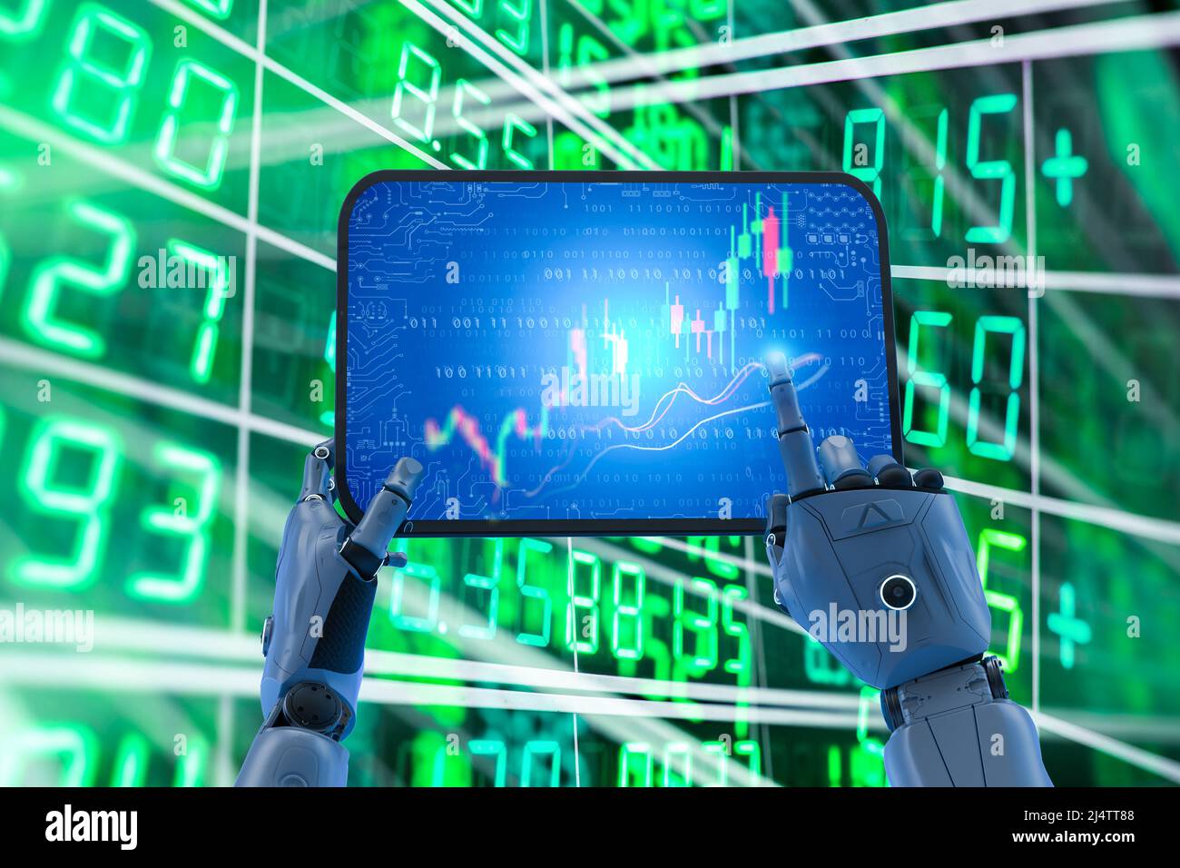 Concept de robot de trading avec 3D rendu ai robot avec affichage numérique de tablette graphique de bâton de bougie Banque D'Images