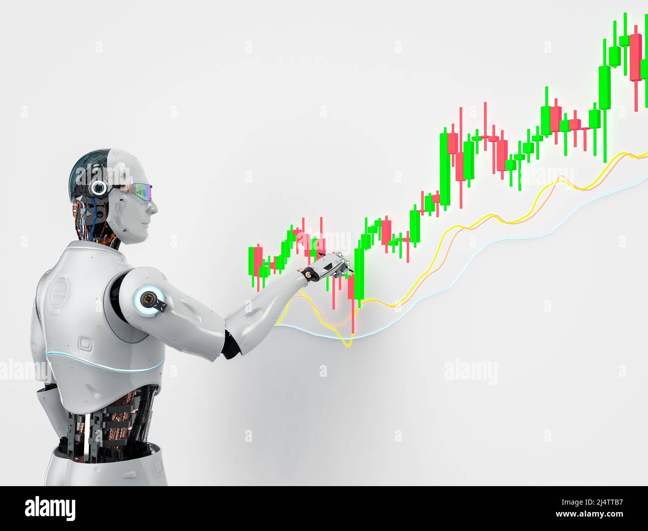 Le concept de robot de trading avec 3D rendu ai robot avec graphique de bâton de bougie Banque D'Images