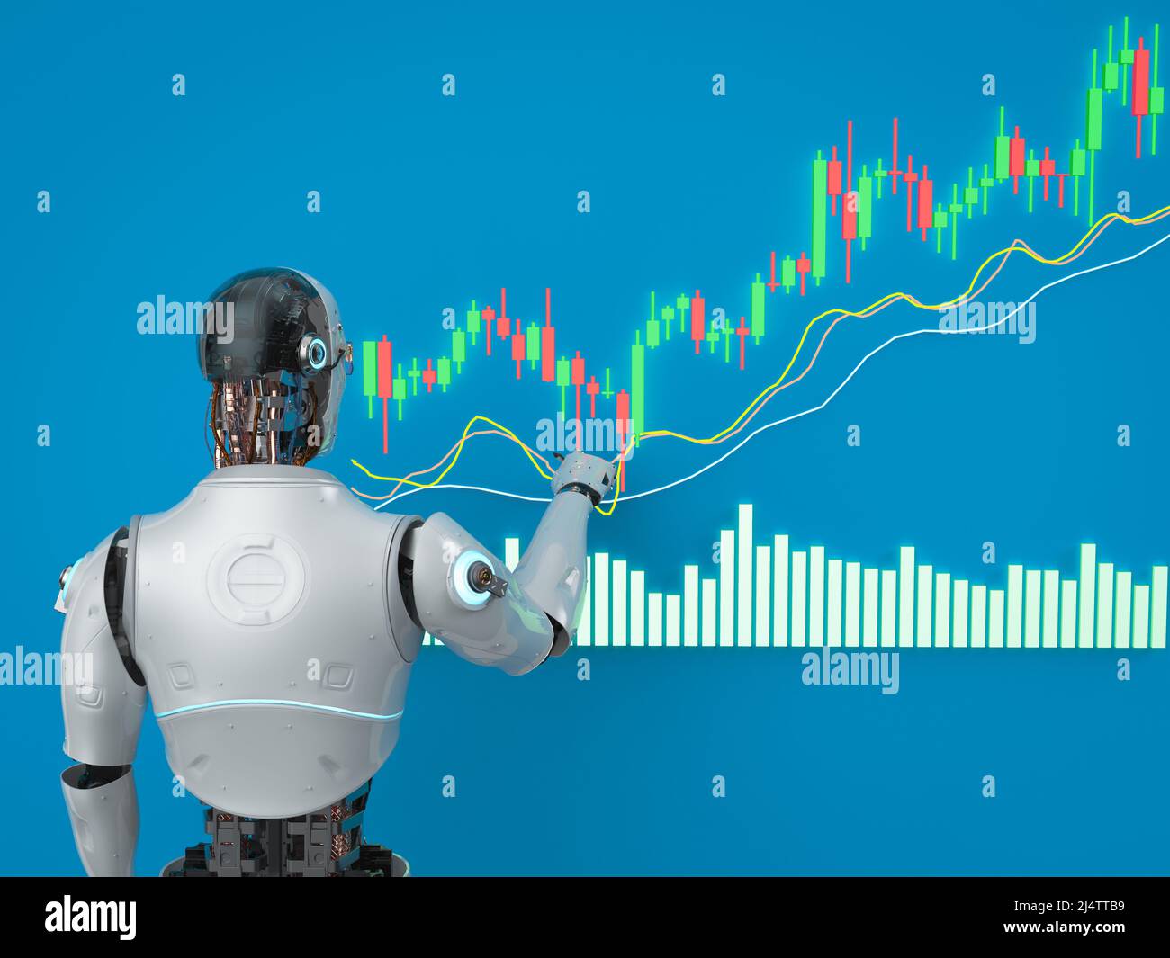 Le concept de robot de trading avec 3D rendu ai robot avec graphique de bâton de bougie Banque D'Images