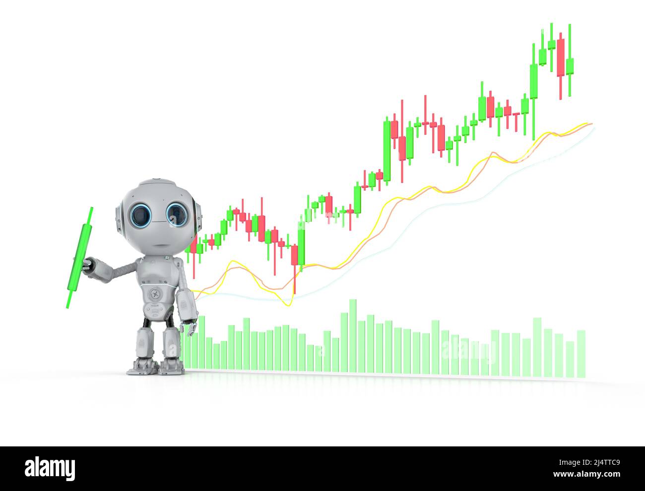 Le concept de robot de trading avec 3D rendu ai robot avec graphique de bâton de bougie Banque D'Images