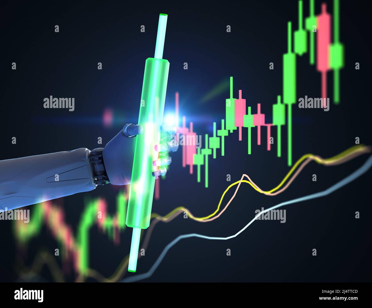 Le concept de robot de trading avec 3D rendu ai robot avec graphique de bâton de bougie Banque D'Images