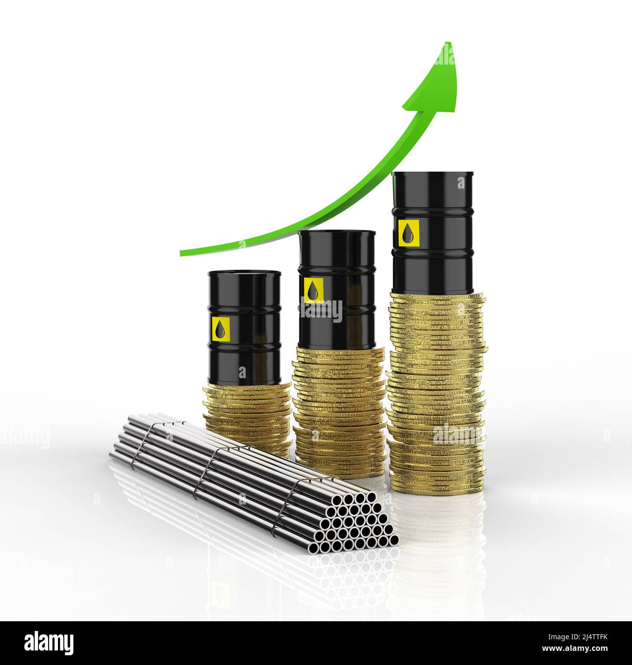 Concept d'augmentation du prix des matières premières avec 3D rendant le baril de pétrole et l'acier avec flèche vers le haut Banque D'Images