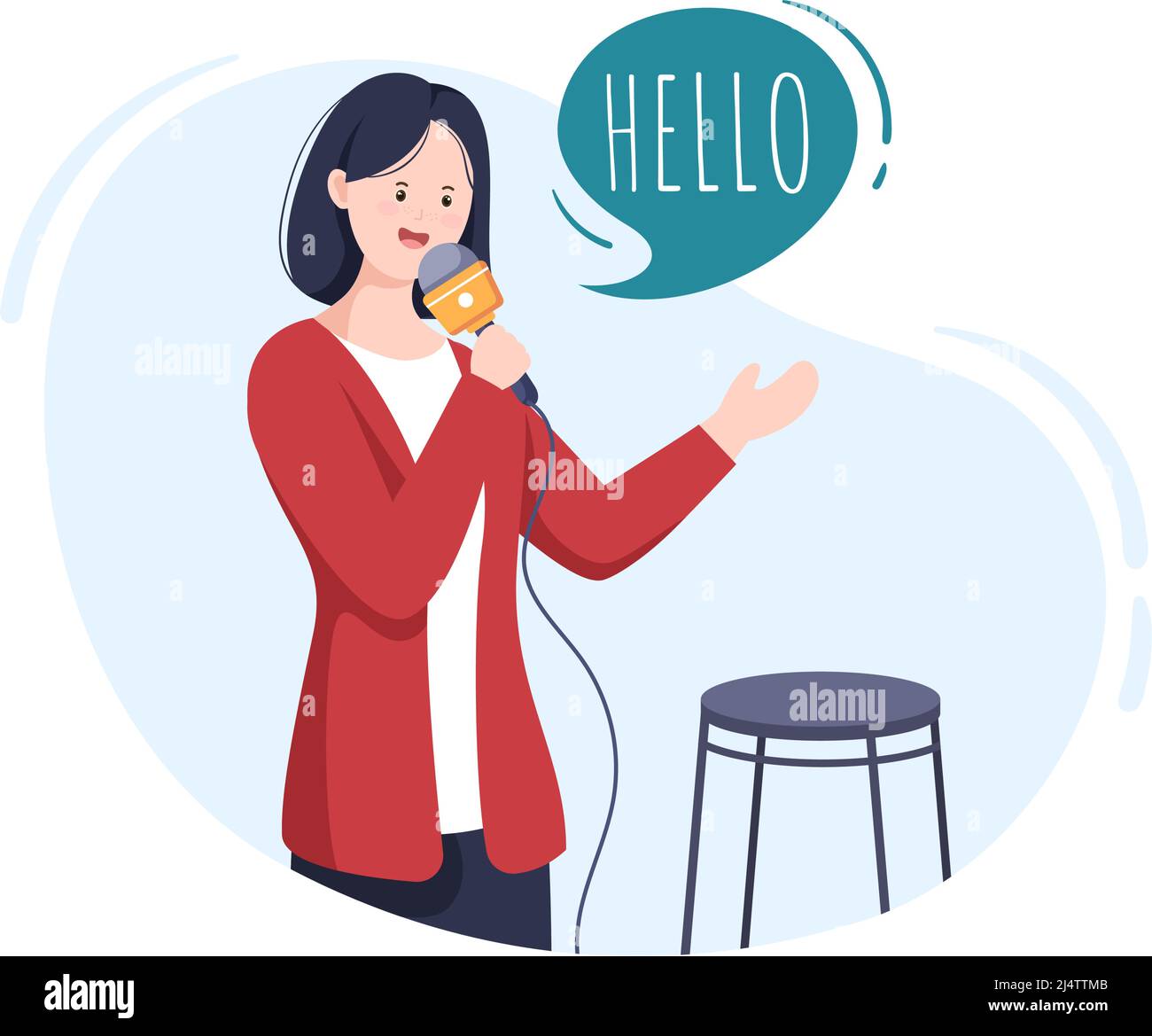 Stand Up Comedy Show Theatre Scene with Red Currds and Open microphone pour comédien se présentant sur scène dans l'illustration de dessin animé de style plat Illustration de Vecteur