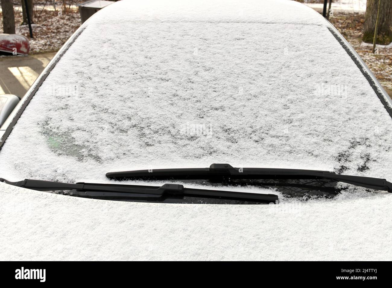 Gros plan des pellets de neige Graupel sur le pare-brise d'un véhicule Banque D'Images