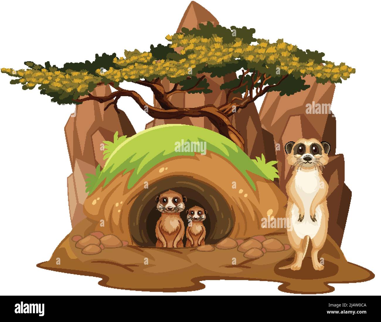 Groupe de meerkats avec le terrier dans l'illustration de style de dessin animé Illustration de Vecteur