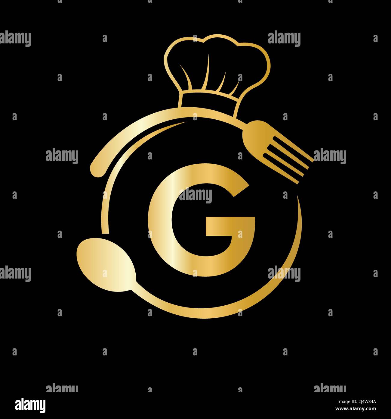 Logo du restaurant sur la lettre G avec chapeau de chef, cuillère et symbole de fourchette pour enseigne de cuisine, icône de café, restaurant, cuisine Business Vector Illustration de Vecteur