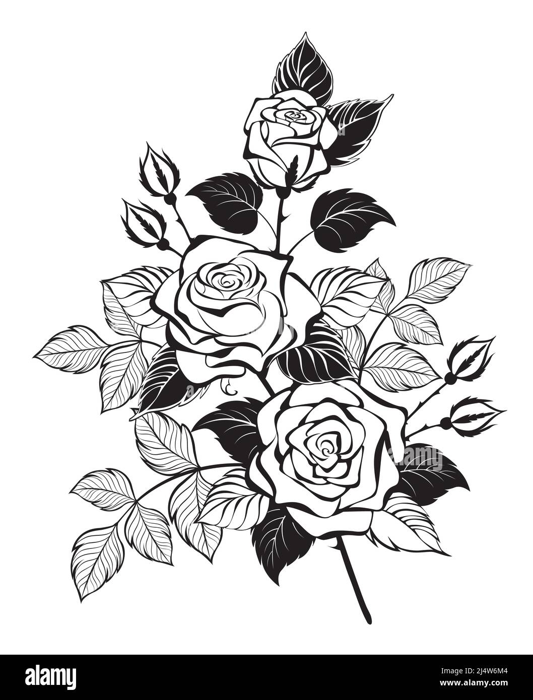 Artistiquement dessiné, dessin de contour, branches roses avec trois bourgeons en fleurs et feuilles silhouetées. Style tatouage. Illustration de Vecteur