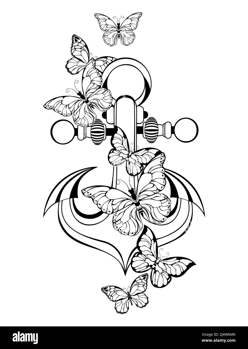 Contour, ancre marine, décoré d'essaim de contour, artistiquement dessiné, papillons morpho sur fond blanc. Coloriage. Illustration de Vecteur