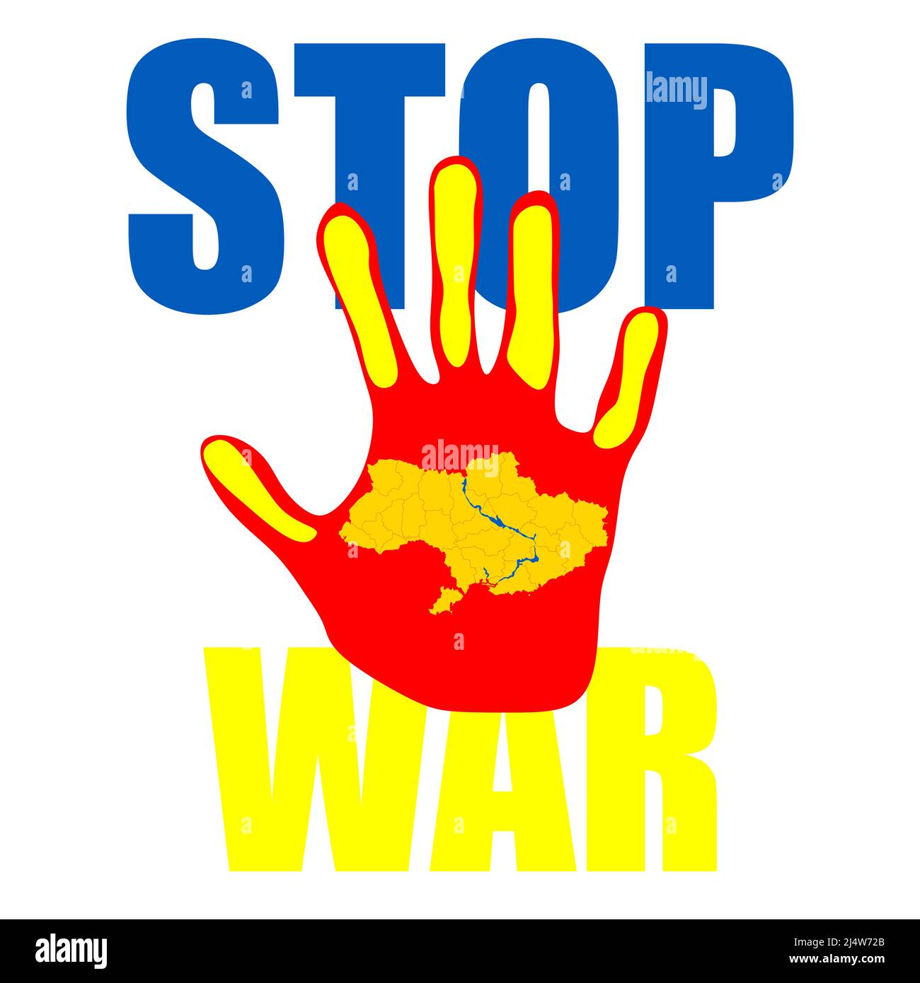 Icône du panneau Stop WAR On Hand. Aucune illustration de vecteur de guerre conceptal avec la carte de l'Ukraine peinte sur la main Illustration de Vecteur