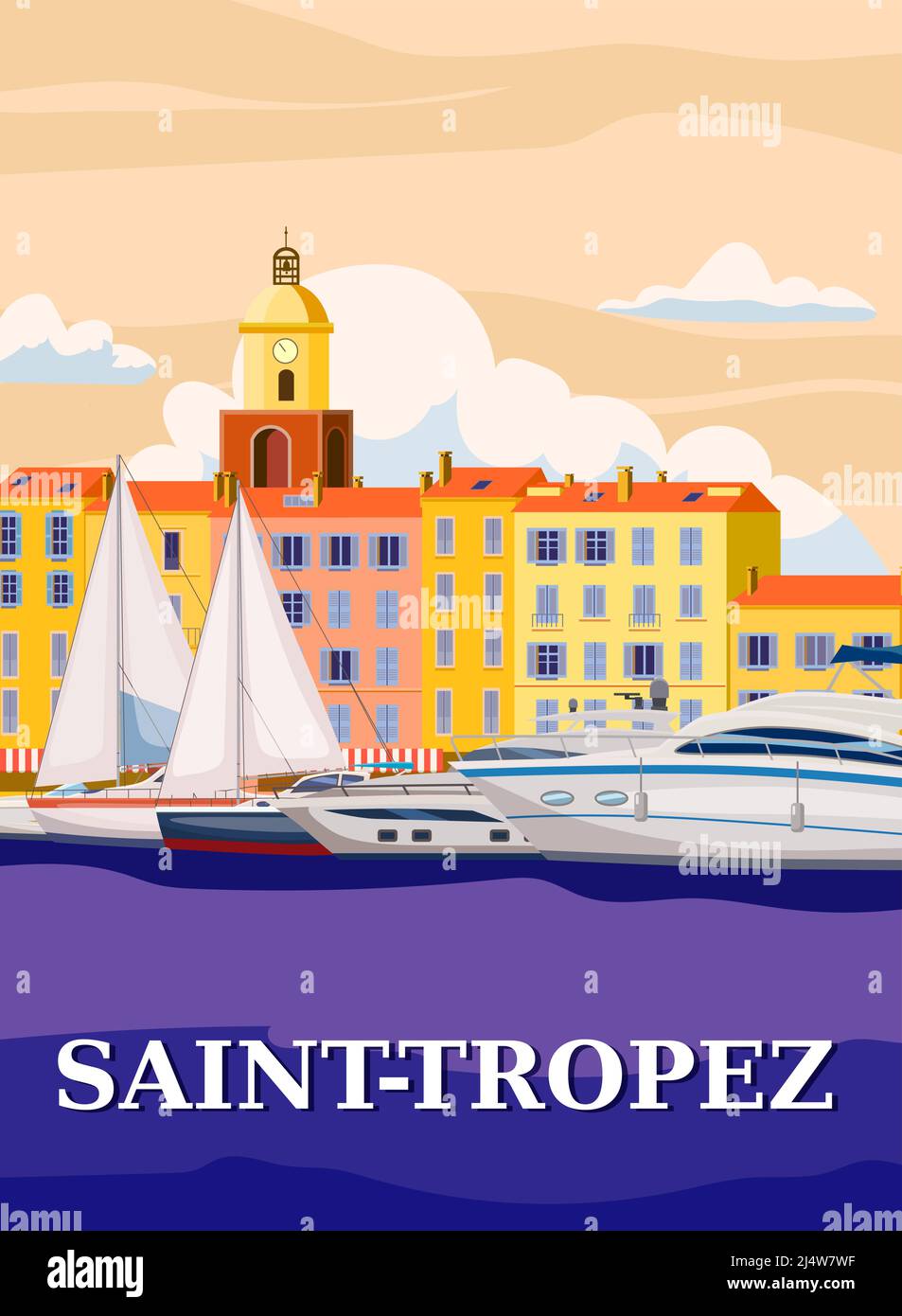 Affiche de voyage rétro Saint-Tropez France, vieille ville méditerranéenne. Côte d Azur de Voyage mer vacances Europe. Illustration vectorielle de style vintage Illustration de Vecteur