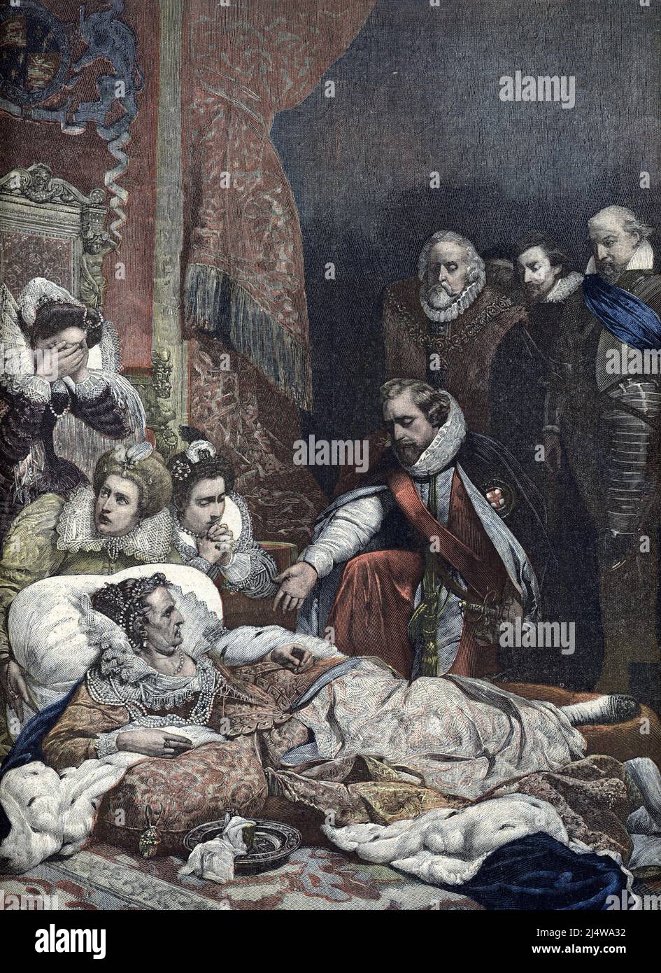 'Representation de la mort de la reine d'Angleterre Elisabeth Iere (1533-1603) le 24 mars 1603) (mort de la reine Elizabeth I d'Angleterre le 4 mars 1603) Illustration tiree de 'le petit journal' 16 juillet 1892 Collection privee Banque D'Images