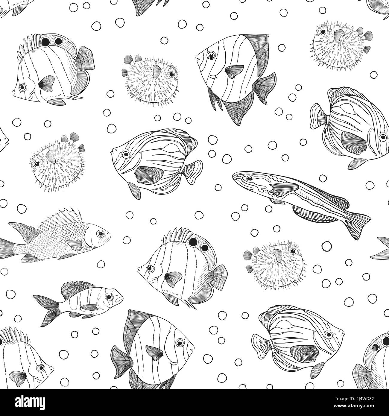Motif sans couture avec poissons marins dessinés à la main. Dessin animé Ocean Life arrière-plan. Texture des animaux de mer. Illustration de Vecteur