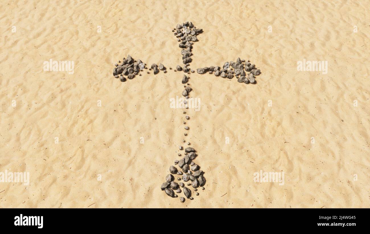 Concept pierres conceptuelles sur plage sable forme de symbole fait à la main, fond de sable doré, croix chrétienne.Une métaphore d'illustration 3d pour Dieu, Christ Banque D'Images