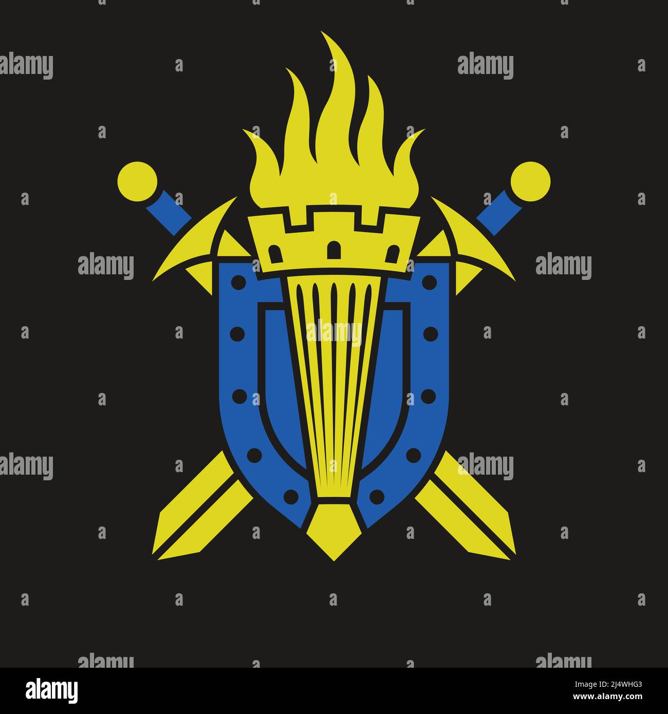 Torche sur le fond d'un bouclier et épées croisées. Couleurs jaune-bleu. Illustration de Vecteur