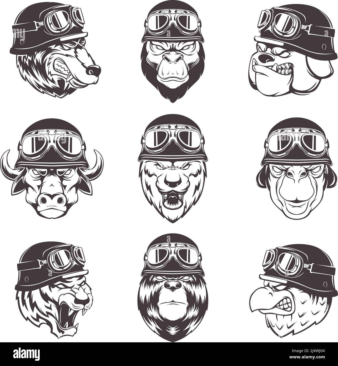 Étiquettes de club de moto. Emblèmes de sport avec animaux sauvages en casques style agressif visages exact vecteur images ensemble Illustration de Vecteur