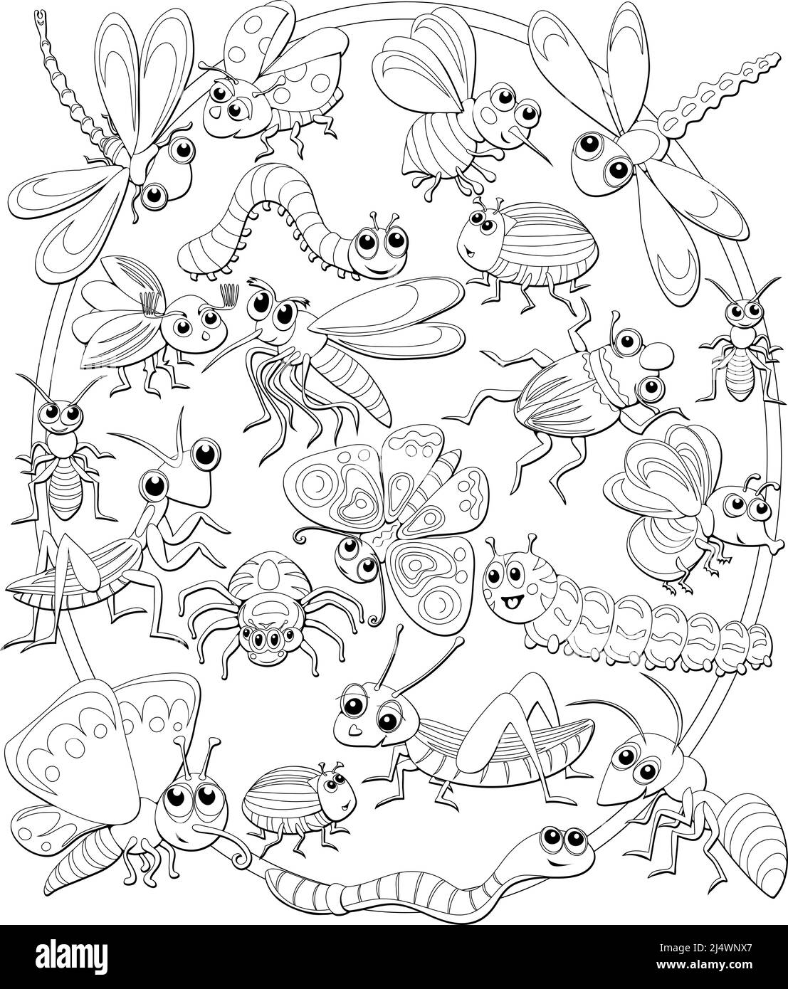 Page de coloriage anti-stress de doodle entourée de jolis insectes et d'autres insectes. Page de coloriage pour adultes et enfants Illustration de Vecteur
