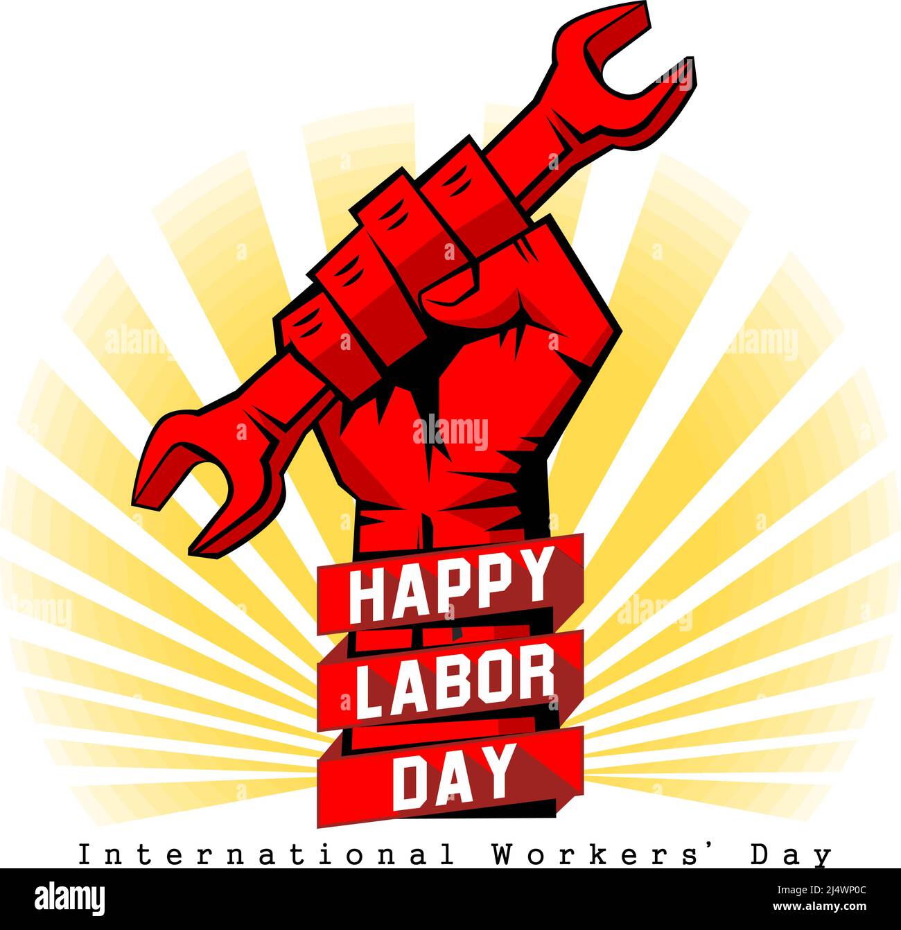 Bonne étiquette vectorielle de la fête du travail avec poing rouge fort et clé. Bonne fête du travail, jour des travailleurs, affiche du jour de mai ou carte de vœux. Illustration, vecteur Illustration de Vecteur
