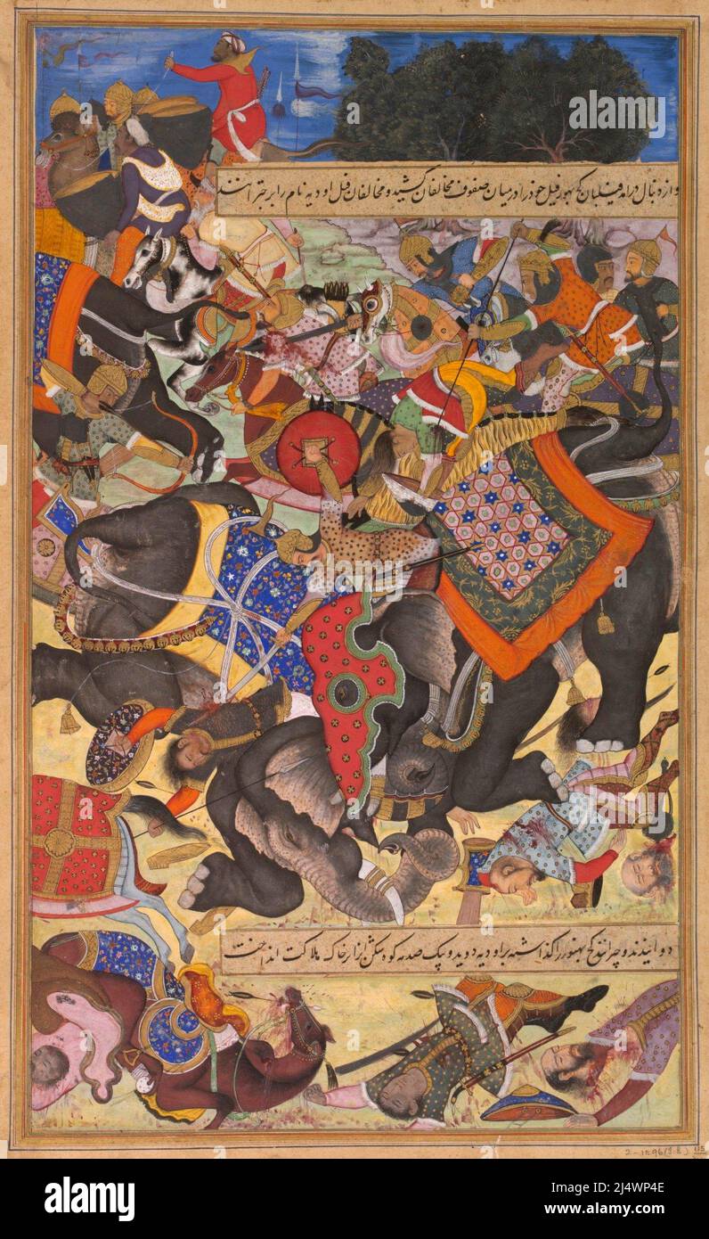 Les éléphants de guerre Citranand et Udiya entrent en collision dans la bataille, d'Akbarnama Banque D'Images