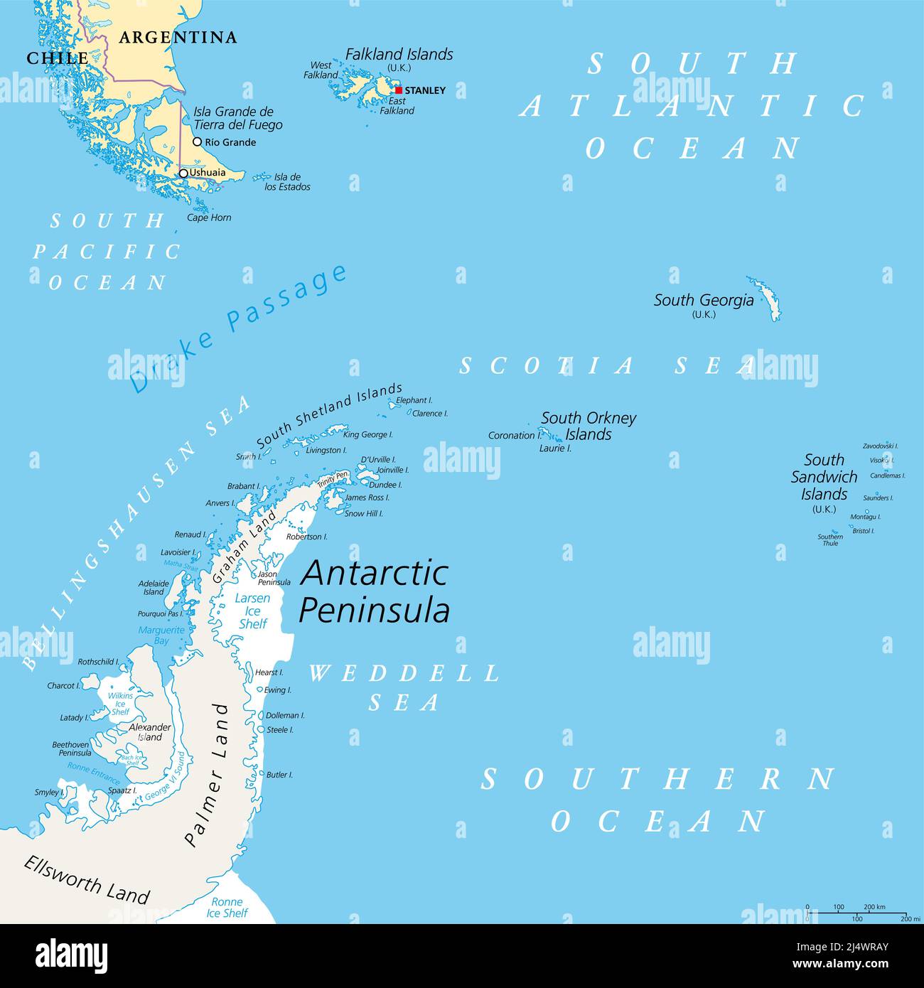 Zone de la péninsule Antarctique, carte politique. Du sud de la Patagonie et des îles Falkland à la péninsule Antarctique. Banque D'Images