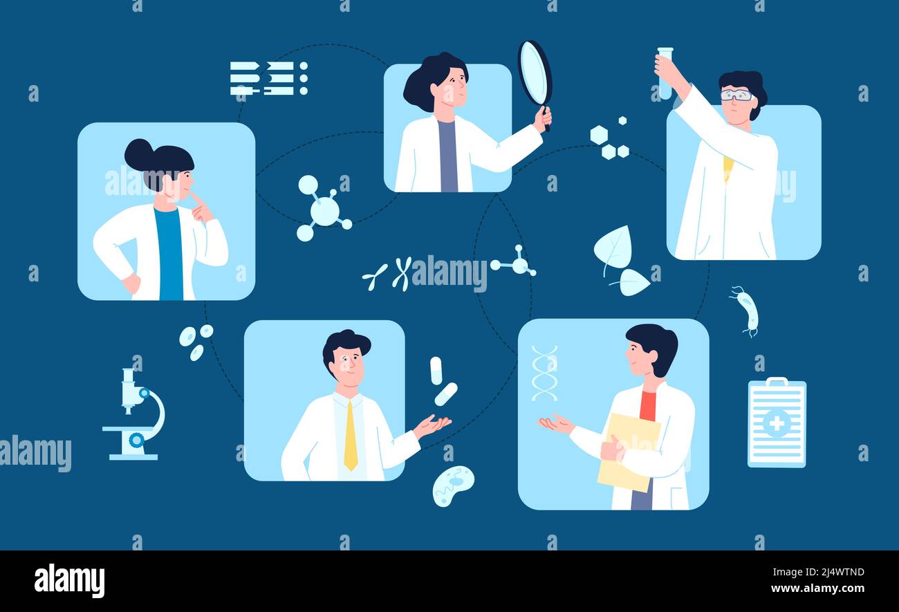 Les scientifiques travaillent ensemble. Échange d'informations de laboratoire, recherche médicale internationale. Scientifiques créatifs en biologie, en génie ou en médecine Illustration de Vecteur