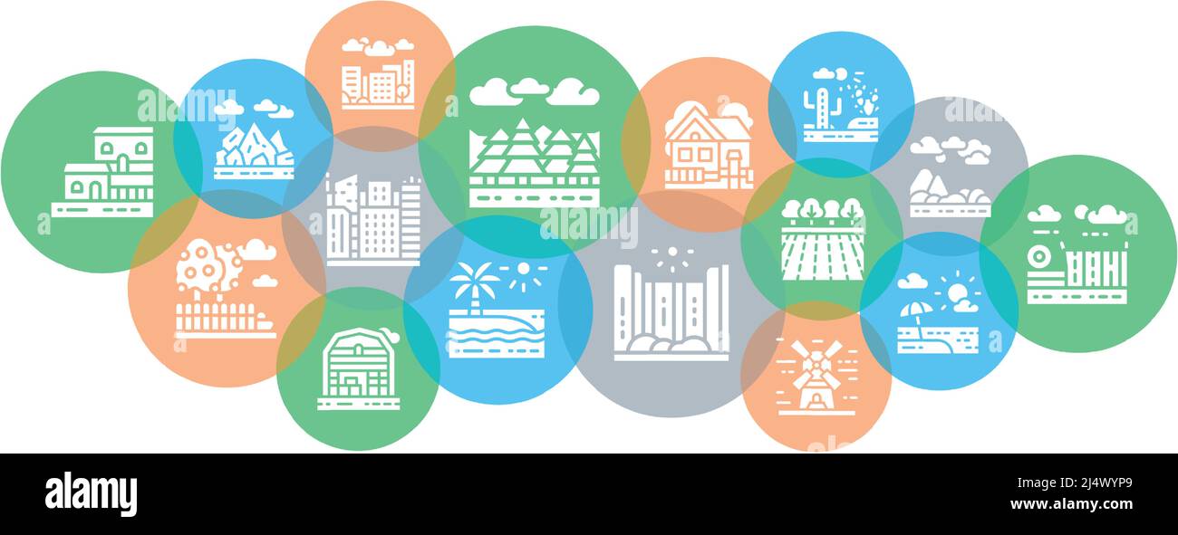 Concept d'illustration paysage. Bridge, Forest, Garden, Volcano, Windmill bannière web pour la publicité imprimée. Illustration de Vecteur