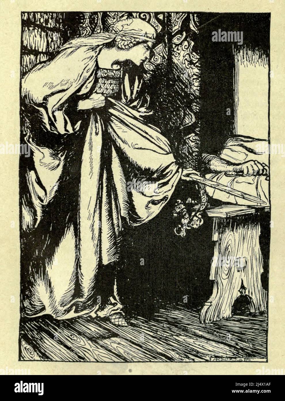 Du livre ' le romantisme du roi Arthur et de ses chevaliers de la table ronde ' Comment la reine Morgan le Fay a volé loin le scabard d'Arthur abrégé de la Morte d'Arhur de Sir Thomas Malory par Alfred W. Pollard illustré par Arthur Rackham Éditeur New York : Macmillan 1920 Banque D'Images