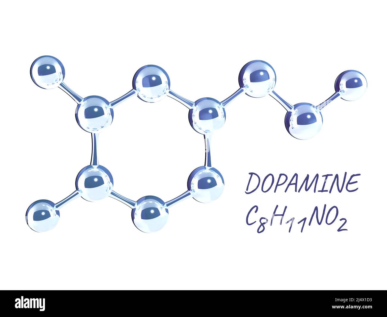 Formule chimique de dopamine - hormone du bonheur. Modèle moléculaire de l'hormone dopamine. Isolé sur fond blanc. Peut être utilisé pour la science et l'éducation Banque D'Images
