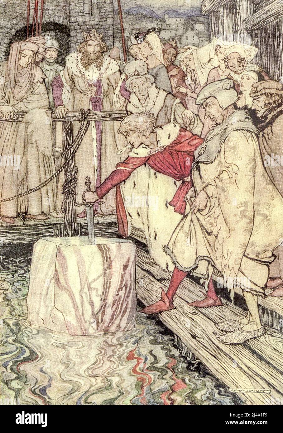 Comment Galahad a tiré l'épée de la pierre flottante de Camelot du livre ' le romantisme du roi Arthur et de ses chevaliers de la table ronde ' abriqué de la Morte d'Arhur de Sir Thomas Malory par Alfred W. Pollard illustré par Arthur Rackham Editeur New York : Macmillan 1920 Banque D'Images