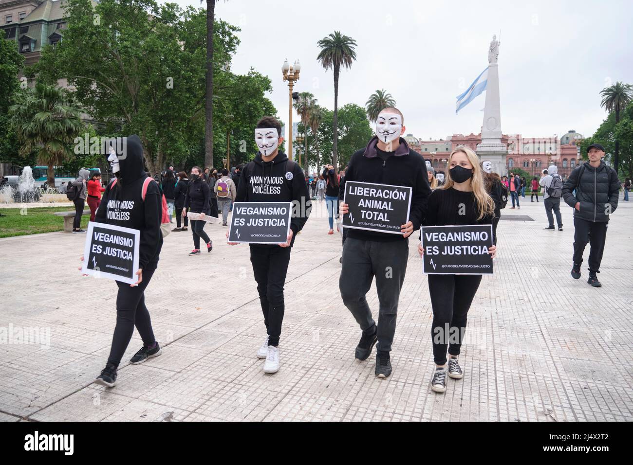 Buenos Aires, Argentine; 1 novembre 2021: Journée mondiale des Vega. Les personnes masquées marchent de la Plaza de Mayo en tenant des signes avec des messages animalistes: Total animal libe Banque D'Images