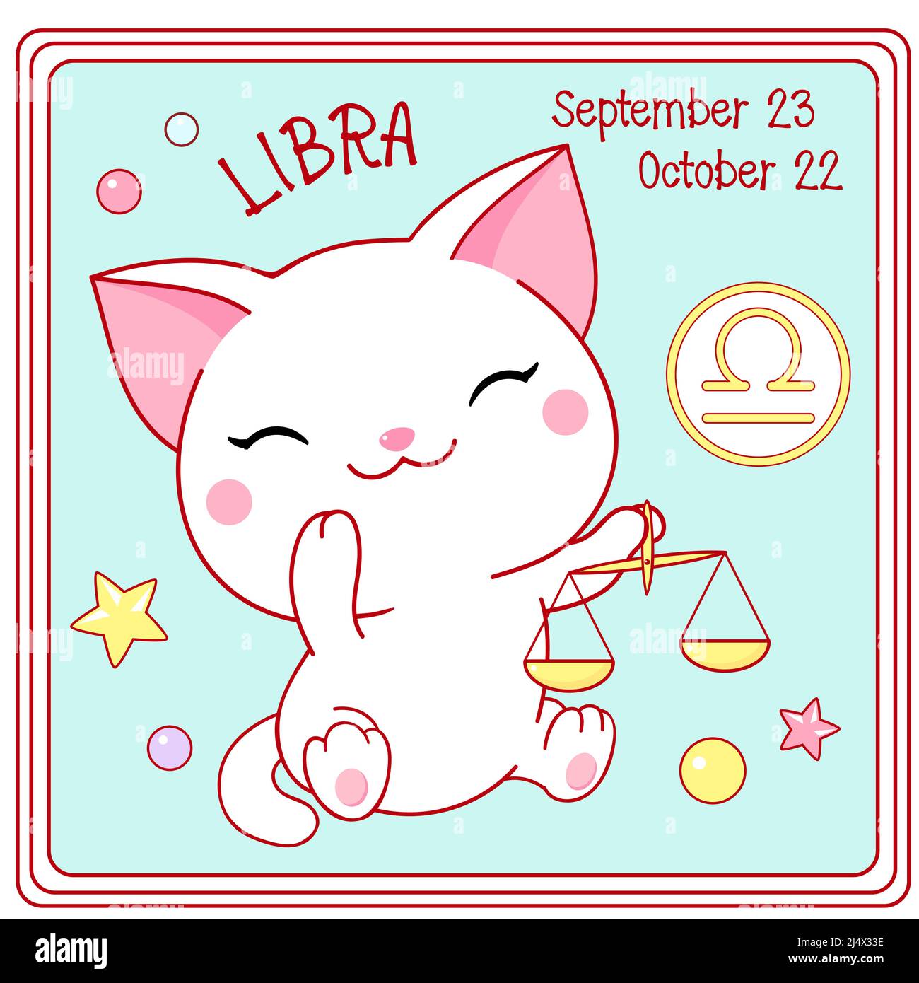Signe de zodiaque Balance dans le style kawaii. Carte carrée avec un joli  petit chaton blanc et symbole Zodiaque, date de naissance. Dessin animé  pour bébé chat et zodiacal Image Vectorielle Stock -