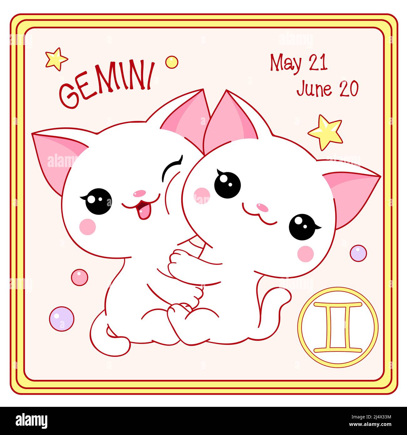 Signe Gémeaux de zodiaque dans le style kawaii. Carte carrée avec un joli petit chaton blanc et symbole Zodiaque, date de naissance. Dessin animé pour bébé chat et zodiacal Illustration de Vecteur