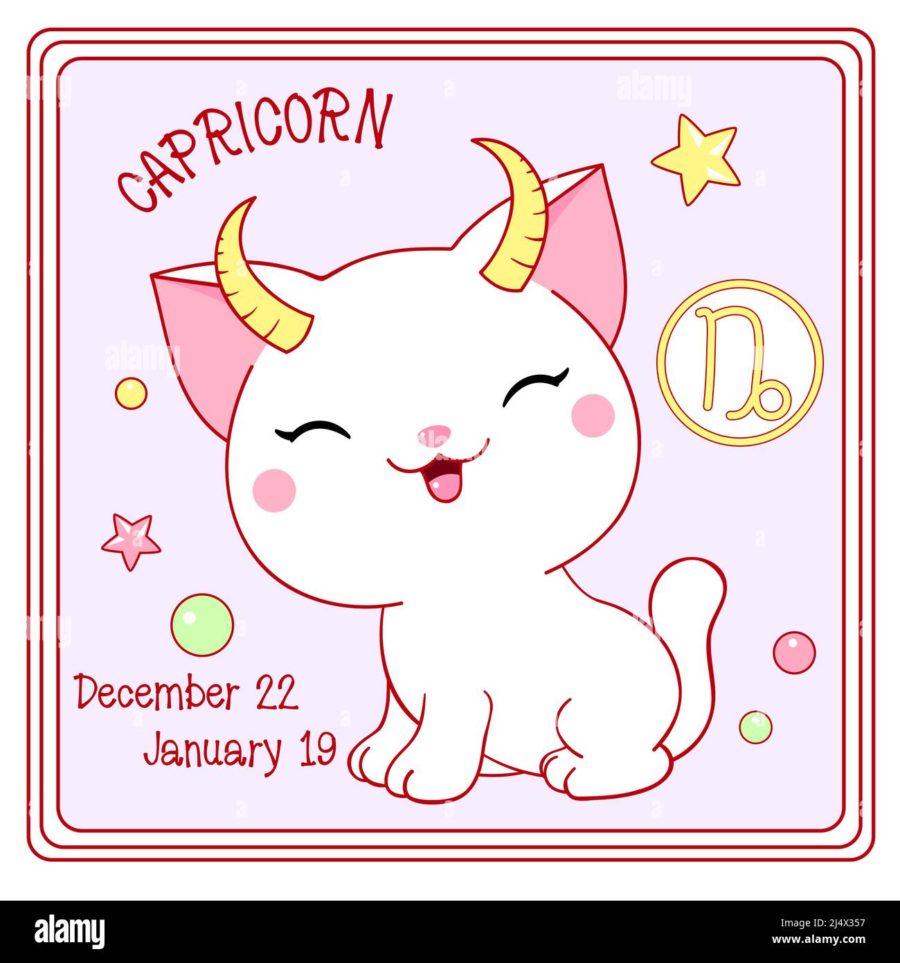 Signe du Capricorne de zodiaque dans le style kawaii. Carte carrée avec un joli petit chaton blanc et symbole Zodiaque, date de naissance. Dessin animé bébé chat et Zodia Illustration de Vecteur