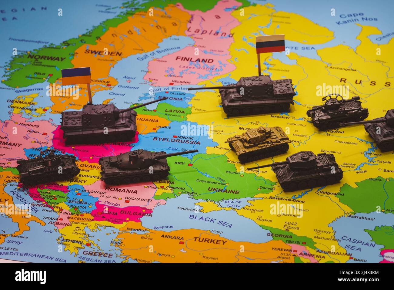Conflit armé entre la Russie et l'Ukraine sur la carte de l'Europe. Banque D'Images