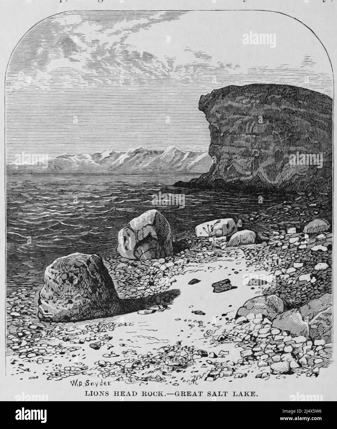 Lion Head Rock Great Salt Lake extrait du livre The Pacific tourist : guide transcontinental illustré d'Adams & Bishop, de l'Atlantique à l'océan Pacifique : Contenant des descriptions complètes des chemins de fer à travers le continent, toutes les stations de plaisance et les lieux de la plupart des paysages notés dans l'extrême-Ouest, aussi de toutes les villes, les villes, les villages, les forts américains, les sources, lacs, montagnes, itinéraires de voyage d'été, meilleures localités pour la chasse, la pêche, le sport, et le plaisir, avec toutes les informations nécessaires pour le voyageur d'agrément, mineur, colon, ou homme d'affaires : un guide complet du voyageur de th Banque D'Images