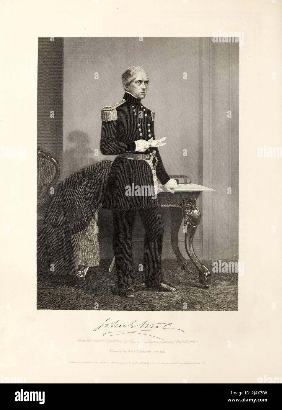 John Ellis Wool (20 février 1784 – 10 novembre 1869) était officier dans l'armée des États-Unis pendant trois guerres américaines consécutives : la guerre de 1812, la guerre Mexico-américaine et la guerre civile américaine. Au moment de la guerre Mexico-américaine, il était largement considéré comme l'un des officiers les plus compétents de l'armée et un superbe organisateur. Du livre Histoire de la guerre pour l'Union : civil, militaire et naval. Fondé sur des documents officiels et autres documents authentiques / par Evert A. Duyckinck. Illustré de peintures originales, par Alonzo Chappel par Evert Augustus Duyckinck, éditeur New York : Johns Banque D'Images